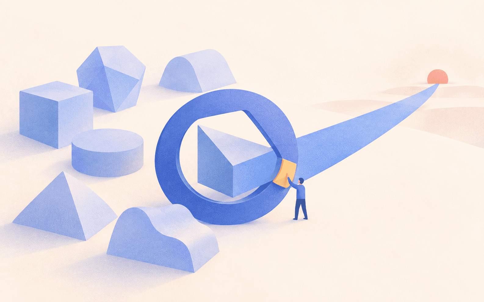 An abstract paper selector aligns one blue folded module with a cobalt opening, while a small figure adjusts a yellow tab and a coral beacon marks the destination.