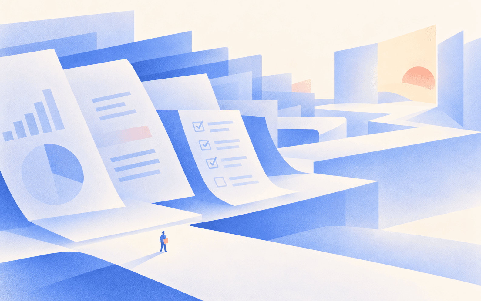 Layers of blue and ivory paper sheets rise like a quiet landscape, one marked with a half-finished checklist, while a small figure holding a yellow folder stands before them and a coral sun glows in a distant opening.