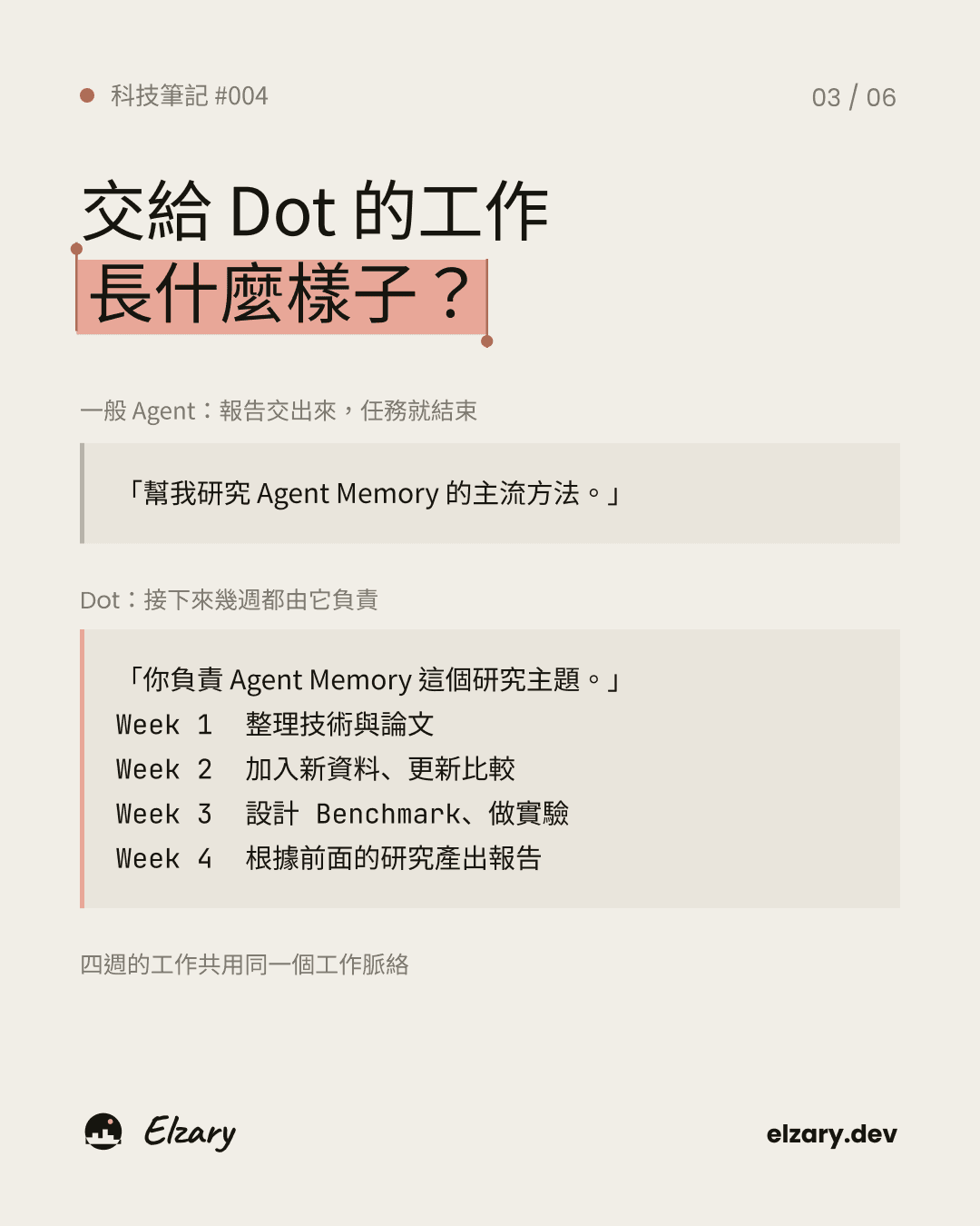 用四週研究 Agent Memory 的例子說明 Dot 如何保留脈絡。
